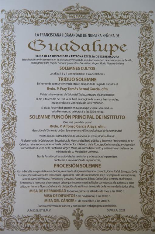 Orla de cultos de la hermandad de Guadalupe publicada en el boletín