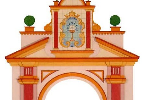 Detalle de la portada del Corpus Christi de 2002 con la fachada del convento de Capuchinos