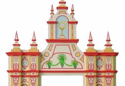 Detalle de la portada del Corpus Christi de 2005 con la fachada de la iglesia de los Terceros