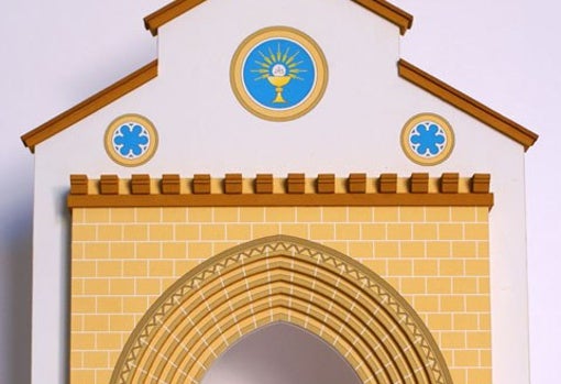 Detalle de la portada del Corpus Christi de 2012 con la fachada de parroquia de San Julián