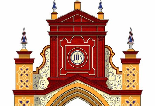 Detalle de la portada del Corpus Christi de 2016 con la puerta principal de la parroquia de Santa Ana