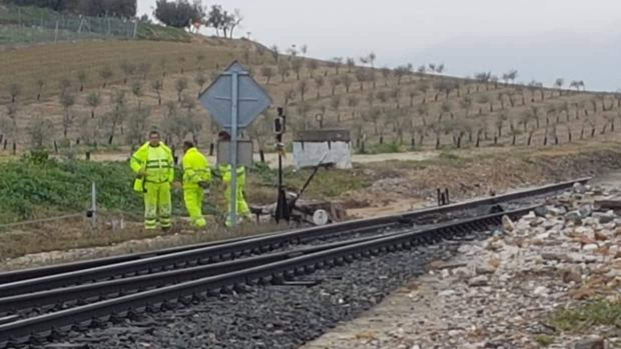 Operarios de Adif trabajan sobre la seguridad de la vía férrea a su paso por Arahal