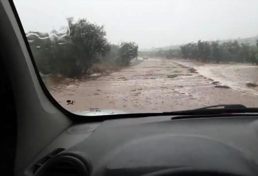 Carretera A-365 anegada entre Pedrera y La Roda