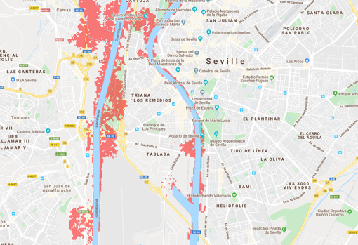 Mapa de Sevilla Capiral con las zonas de alto riesgo de inundación en 2050