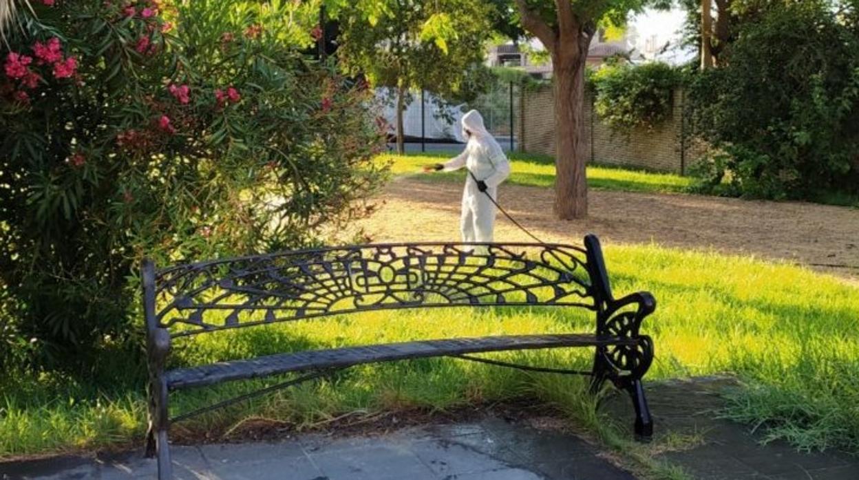 Un operario realiza tareas de fumigación en un parque de Coria del Río