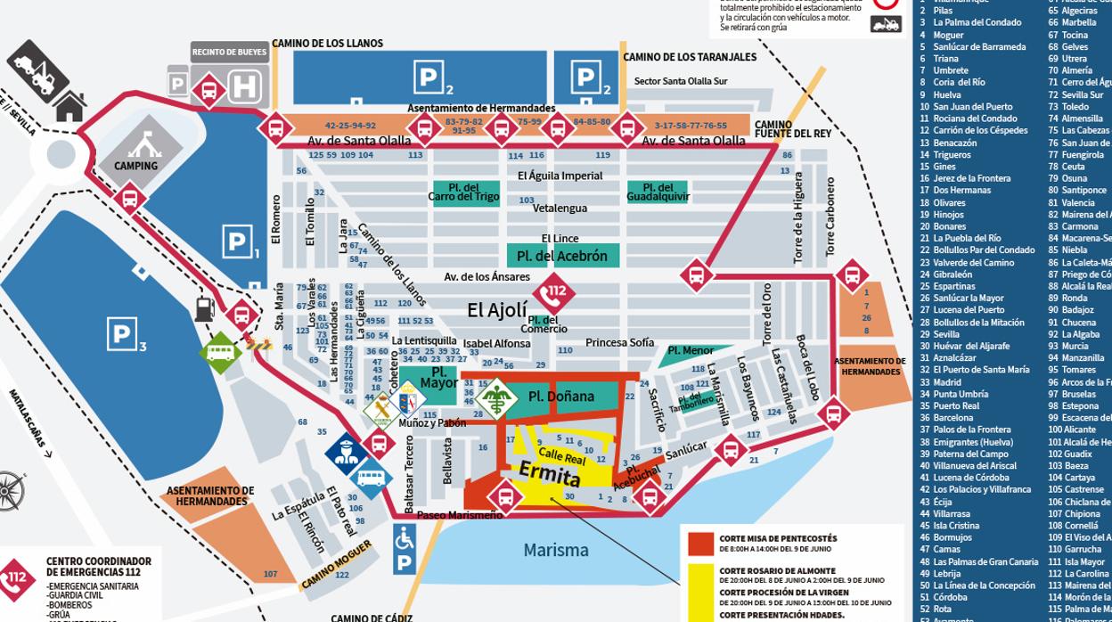 Plano de la aldea del Rocío: Calles, casas de hermandad, aparcamientos