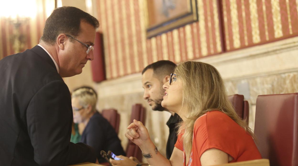 El delegado de Movilidad, JuanCarlos Cabrera, conversa con la concejal de IU Eva Oliva en el pleno