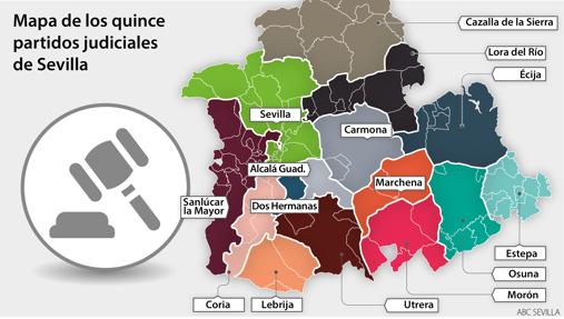 Mapa de los quince partidos judiciales de Sevilla