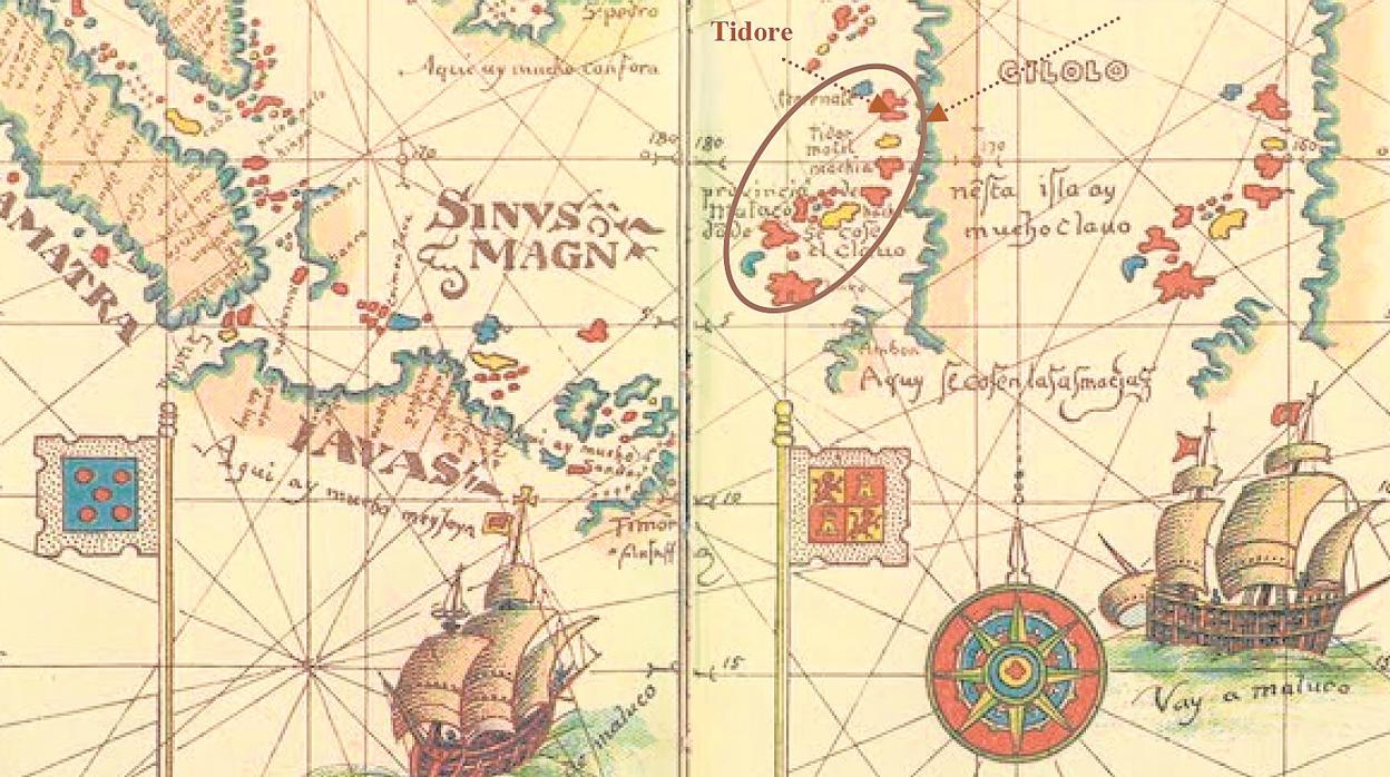 Mapa incluido en el Tratado de Tordesillas que certifica que las Islas Molucas formaban parte de la jurisdicción española, por lo que no pertenecían a la corona portuguesa