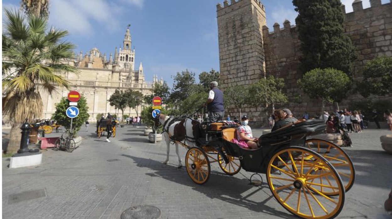 Turistas en un coche de caballos junto al Alcázar
