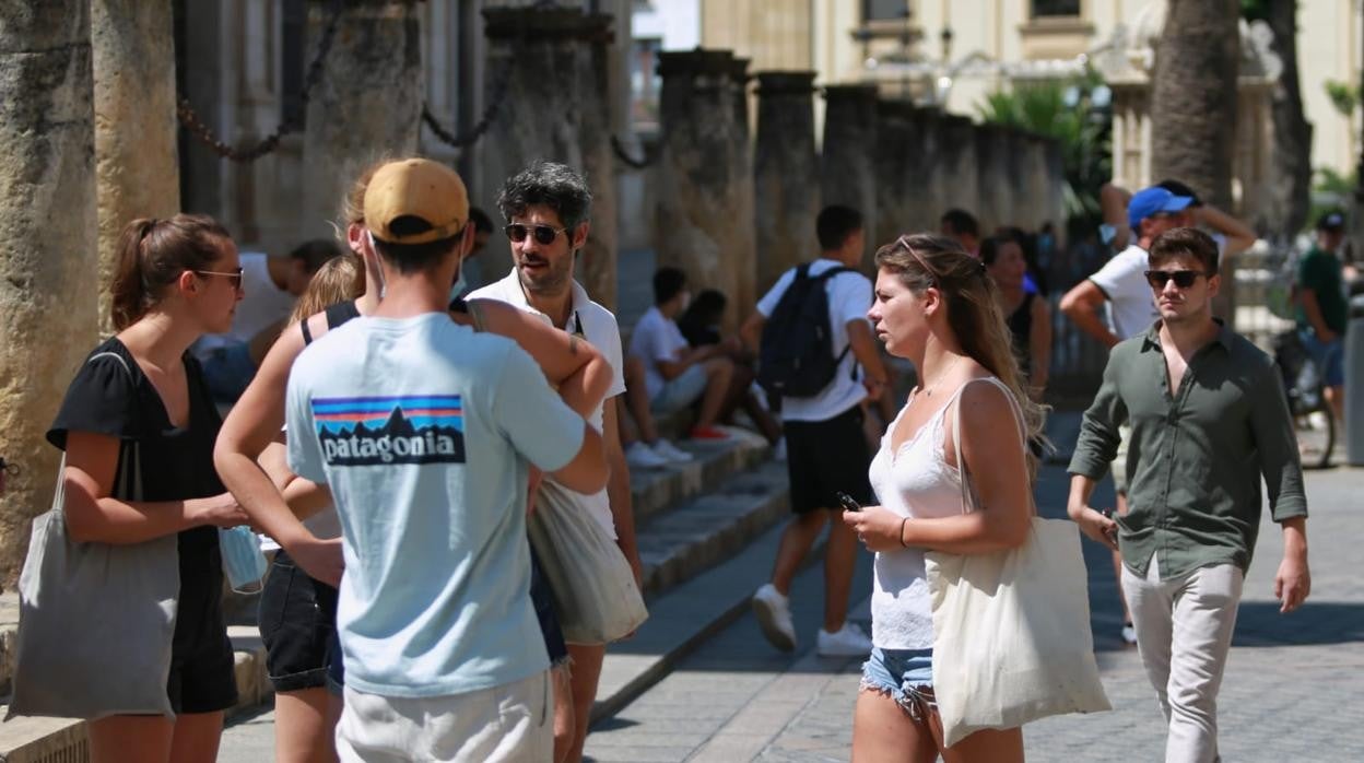 Un grupo de turistas por el entorno de la Catedral de Sevilla