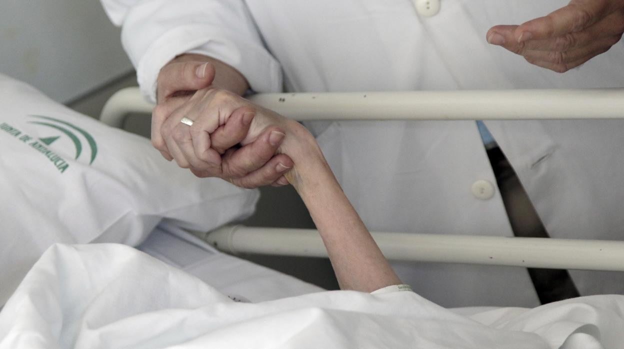Un médico experto en Cuidados Paliativos coge la mano de una paciente terminal en el hospital San Lázaro