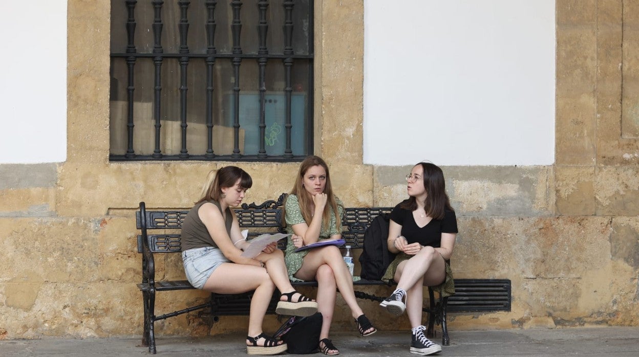 Tres chicas repasan en uno de los patios de la Universidad de Sevilla