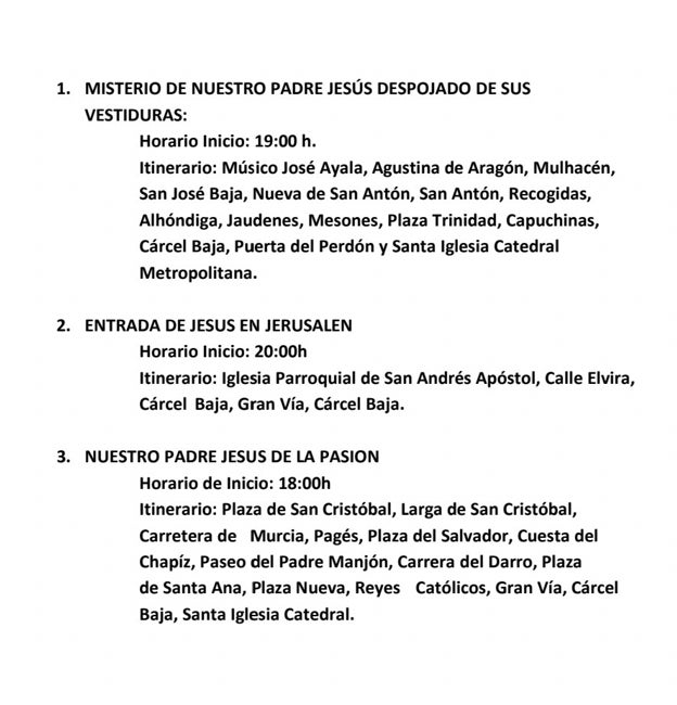 Los pasos de la procesión magna de Granada se trasladarán a la Catedral el día 11 por la tarde y la mañana del 12