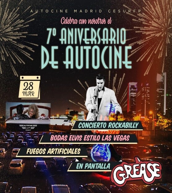 El 28 de marzo, Autocine Madrid celebra su séptimo aniversario con una noche especial dedicada a la icónica película Grease. Antes de que comience la proyección, los asistentes podrán disfrutar de un emocionante concierto rockabilly, bodas al estilo Elvis con plazas limitadas y un espectáculo de fuegos artificiales para añadir un toque de magia a la noche. ¿Hay mejor plan juntos?