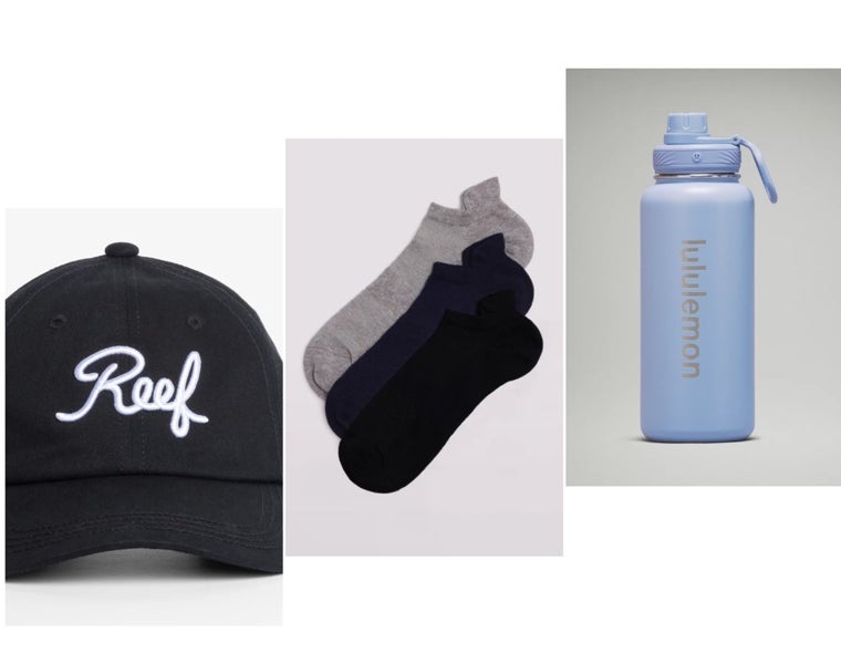 Gorra para el sol, de Reef; calcetines transpirables (28 euros), de Ysabel Mora (5,95 euros); botella reutilizable de Lululemon (58 euros).