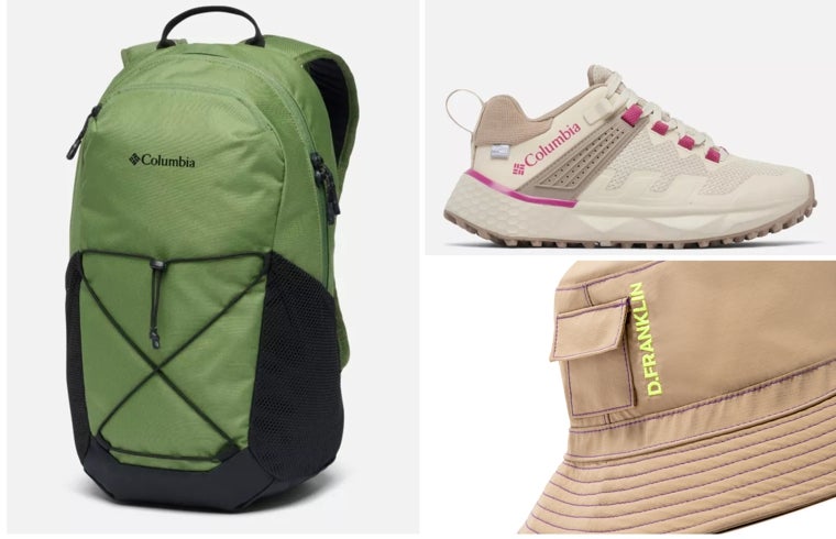 De izda a dcha: mochila de 16 litros Atlas Explorer™ unisex de Columbia, Bota de senderismo impermeable Facet™ Outdry™ de Columbia y gorro de D. Franklin.