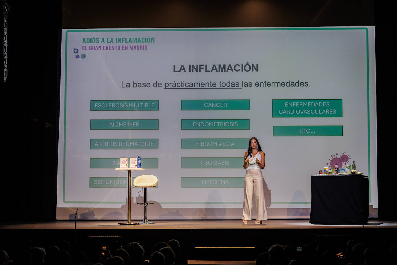 Una de las claves en la que incidió la nutricionista Sandra Moñino durante su presentación en el Teatro Alcázar de Madrid fue que la inflamación es la que está detrás de una gran cantidad de enfermedades, por lo que invitó a los más de 700 asistentes al evento a ser conscientes de la importancia de cuidarse para evitar estar inflamados. 