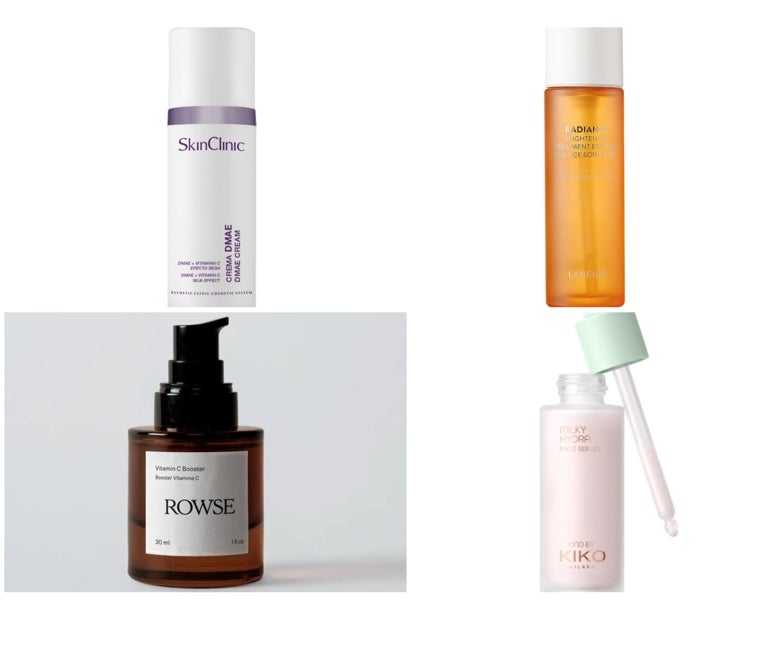 Con vitamina C, crema reafirmante de Skinclinic; tratamiento luminoso de Laneige disponible en Sephora; sérum de Rowse y sérum hidratante de Kiko Milano.