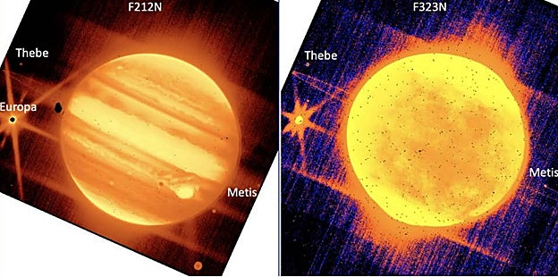 La imagen de la izquierda fue tomada por la cámara de infrarrojo cercano JWST utilizando un filtro que resalta las longitudes de onda cortas. La imagen de la derecha se tomó con un filtro que resalta longitudes de onda largas