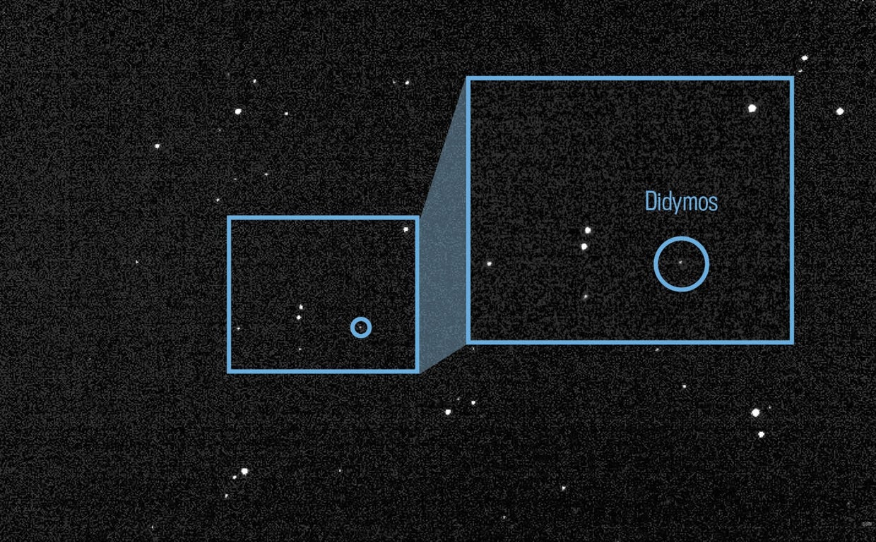 Esta es la primera imagen conseguida por la misión DART de los dos asteroides Didymos y Dimorphos