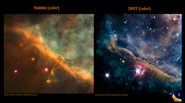 En la imagen, una comparación entre la foto de la misma región hecha por el Telescopio Espacial Hubble (izquierda) y la nueva imagen de James Webb. El Hubble, que opera en el rango de la luz visible, no puede penetrar a través de las nubes de polvo y gas que para el Webb, que observa en el infrarrojo, no constituyen un obstáculo