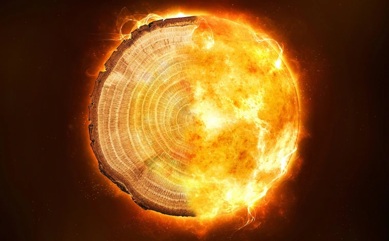 En la ilustración, los anillos de un árbol se mezclan con las llamas de una tormenta solar