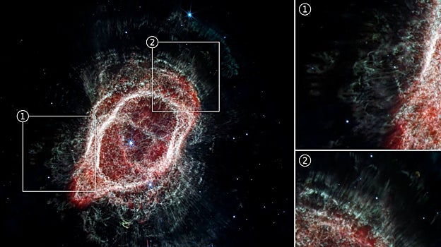 Al examinar las líneas rectas y brillantes que perforan los anillos de gas y polvo alrededor de los bordes de la Nebulosa del Anillo Sur, los autores se dieron cuenta de que estos 'rayos' parecen emanar de una o ambas estrellas centrales, marcando donde la luz fluye a través de los agujeros en la nebulosa. Al proyectar las líneas rectas, los investigadores concluyen que pudieron haber sido 'disparadas' cientos de años antes y a mayor velocidad que las que parecen más gruesas y con curvas. Es posible que el segundo conjunto sea una mezcla de material que se ralentizó, creando formas menos lineales