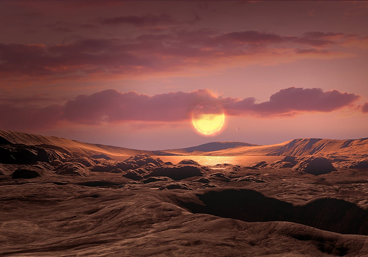 En la ilustración, un exoplaneta rocoso con la masa de la Tierra como Wolf 1069 b orbitando una estrella enana roja