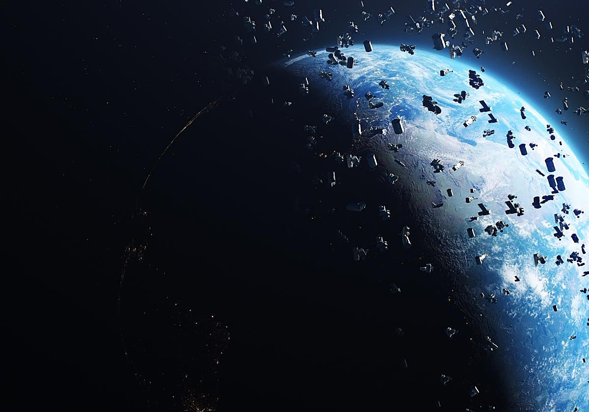 Representación 3D de satélites rotos que vuelan en órbita del planeta Tierra en el espacio oscuro