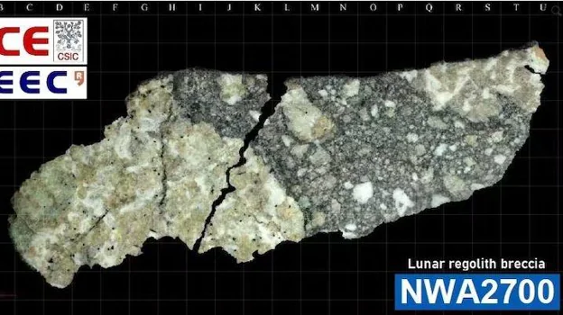 Mosaico de una sección delgada de la brecha regolítica lunar NWA 2700 obtenida por el autor en donde se aprecian sobre una rejilla milimétrica los minerales que conforman el suelo lunar, apelmazados en este tipo de roca fruto de sucesivos impactos