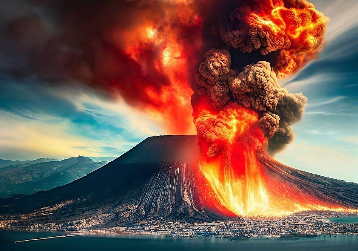 En la ilustración, el supervolcán de Campi Flegrei entra en erupción al lado de Nápoles