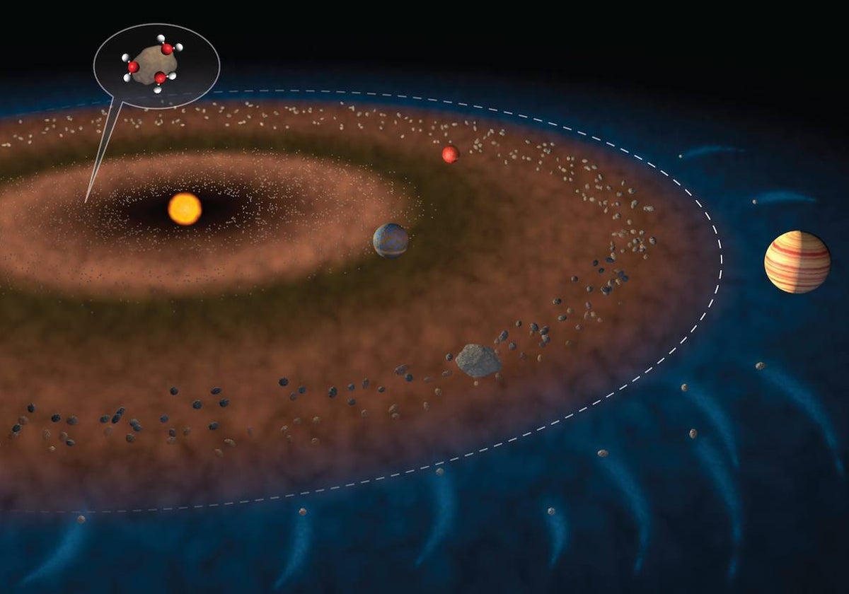 En la imagen, el disco protoplanetario con los materiales que sobraron de la formación del Sol y a partir de los cuales nacieron los planetas del Sistema Solar