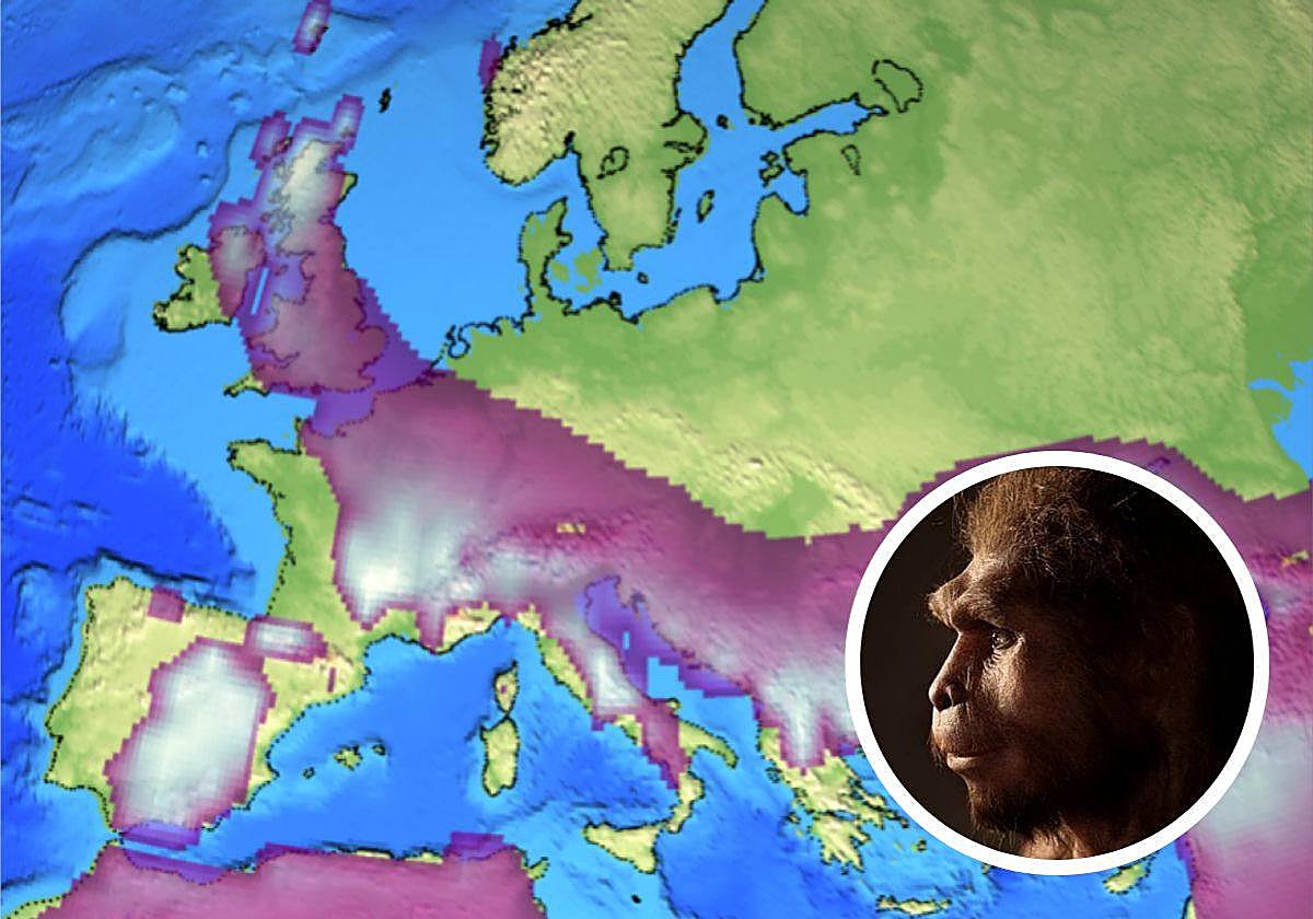 En el mapa, los lugares poblados por homínidos humanos a los que afectó la glaciación ocurrida hace 1,12 millones de años en la que el Homo erectus quedó extinto del sur de Europa. En la imagen, reconstrucción de un Homo erectus
