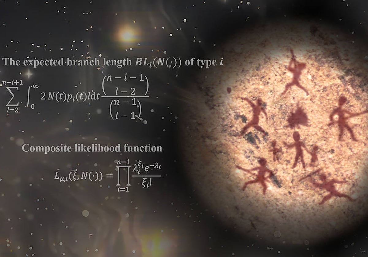 Fórmula central del nuevo método de inferencia que hizo posible el impactante descubrimiento. En la ilustración, los ancestros humanos se unen para sobrevivir durante un periodo de más de 100.000 años