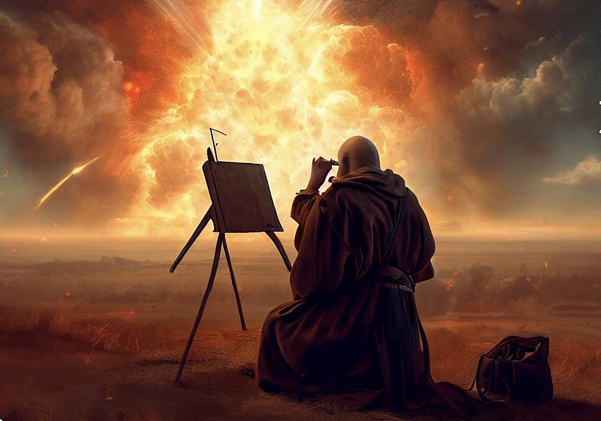 Imagen de un monje medieval registrando la explosión de una nova.