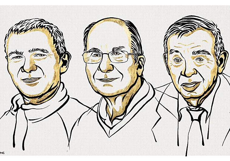 Ilustración de los tres laureados, Bawendi, Brus y Ekimov