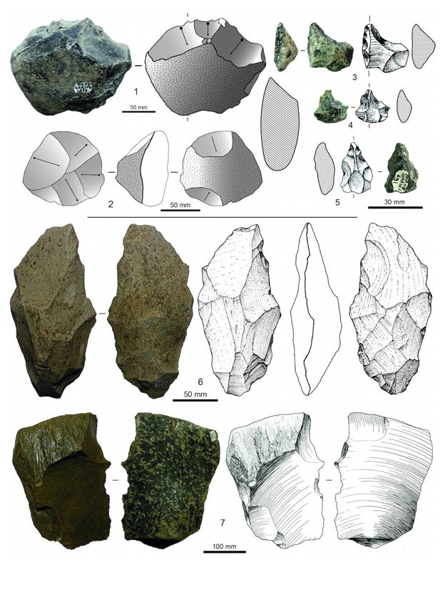 Arriba, herramientas líticas de obsidiana elaboradas con tecnología olduvayense; abajo herramientas líticas de basalto y obsidiana elaboradas con tecnología achelense.