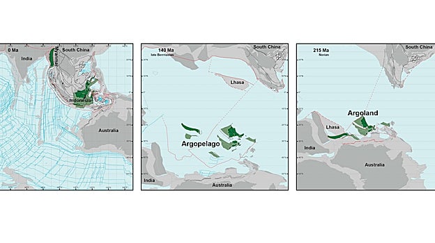 Reconstrucción parcial de la deriva de Argolandia, retrocediendo en el tiempo hasta hace 215 millones de años, cuando se aceleró su desintegración
