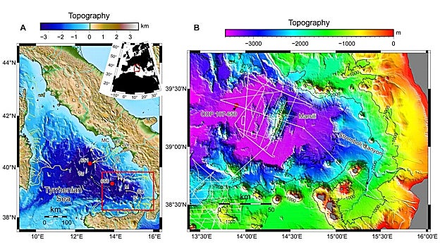 Las perforaciones de los geólogos muestran la distribución de los cuatro mega lechos volcánicos, depósitos de grandes erupciones pasadas