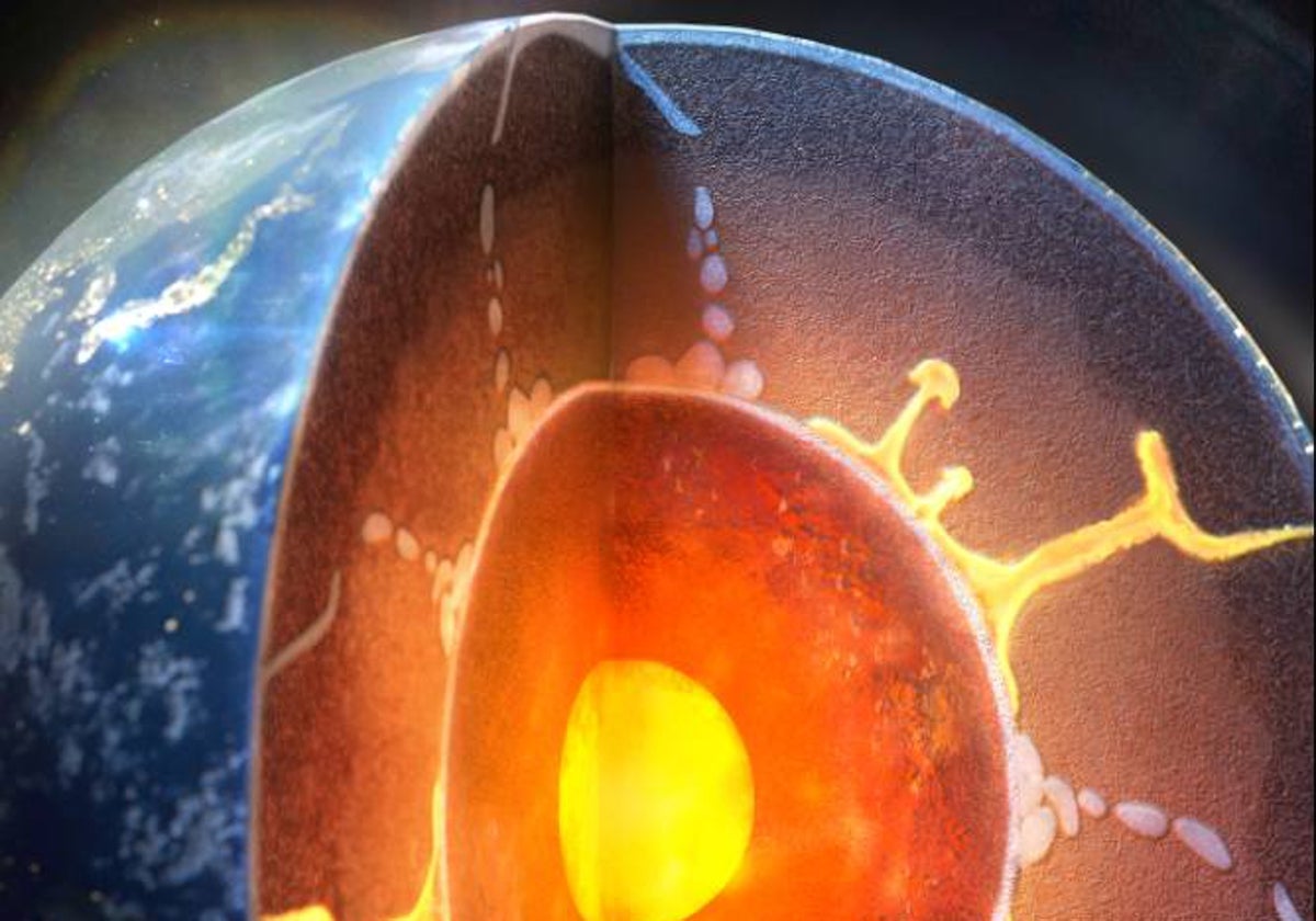 El interior de la Tierra revela agua en subducción y una columna de magma ascendente. Cuando el agua se encuentra con el núcleo, se forma una capa que lo rodea por completo