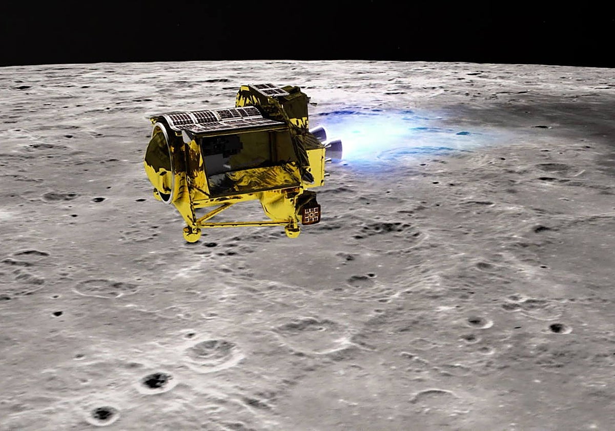 Recreación de la llegada del módulo SLIM al polo sur lunar