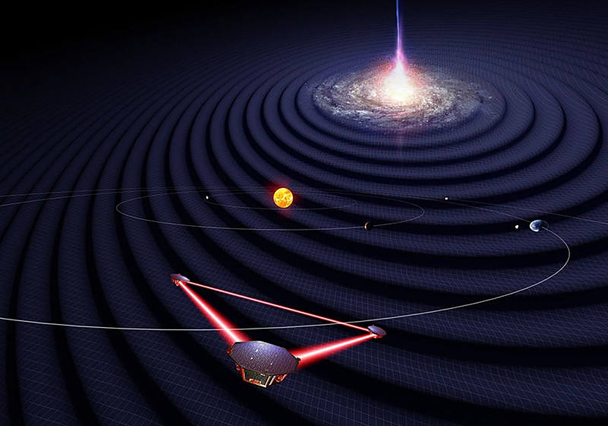 Interpretación artística de los satélites de la misión LISA en el sistema solar observando ondas gravitacionales de una galaxia distante