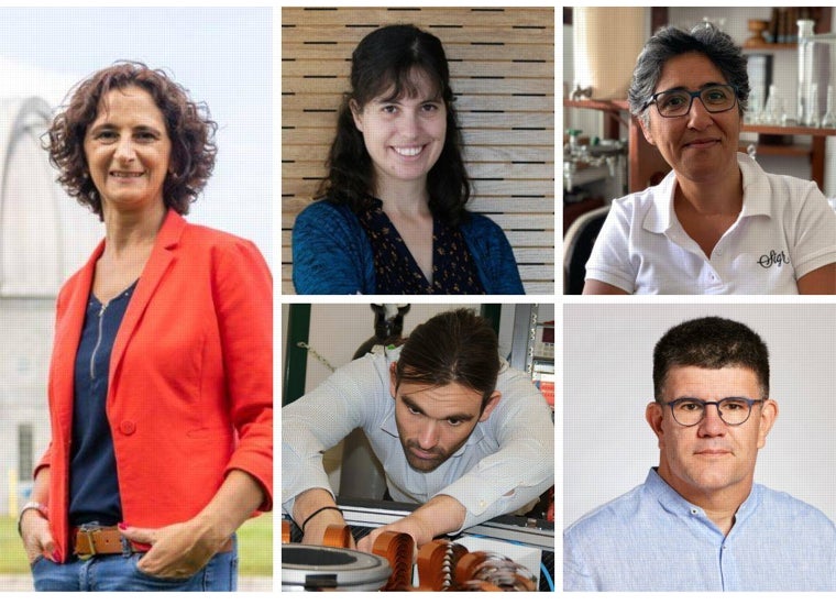 De izquierda a derecha, en el orden de las agujas del reloj: Noemí Pinilla, Irene Valenzuela, Hind Medyouf, Fernando Pérez-Cruz y Gerard Ariño,