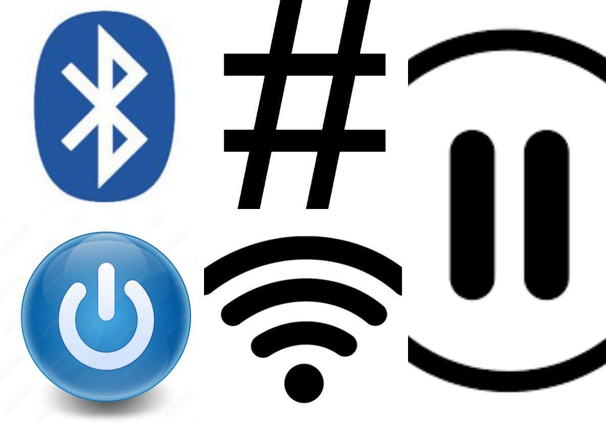 De arriba a abajo, siguiendo la dirección de las manecillas del reloj: los símbolos del Bluetooth, almohadilla, 'pause', wifi y 'power'