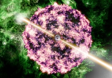 Visualización artística de GRB 221009A que muestra los estrechos chorros relativistas que emergen de un agujero negro central y los restos en expansión de la estrella original expulsada a través de la explosión de una supernova