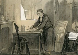 Lámina que muestra a Alessandro Volta haciendo experimentos con su pila