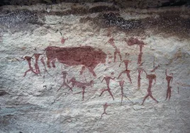 Pintura  que representa la captura de un toro en Sudáfrica, hace unos 8.000 años