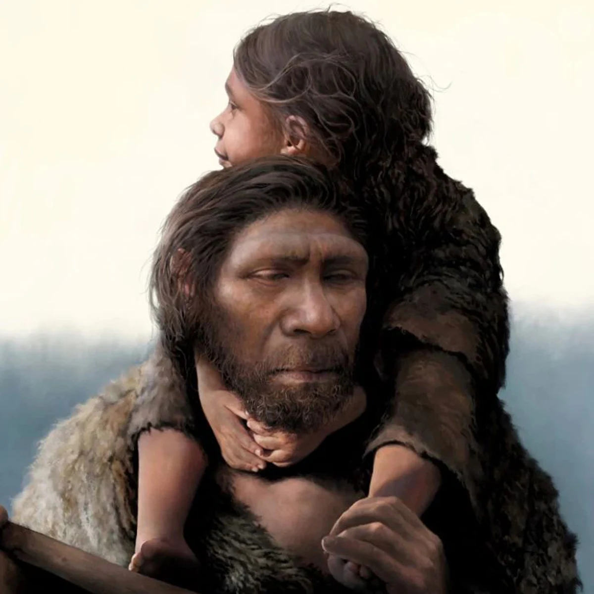 La ilustración muestra a un neandertal con su hija