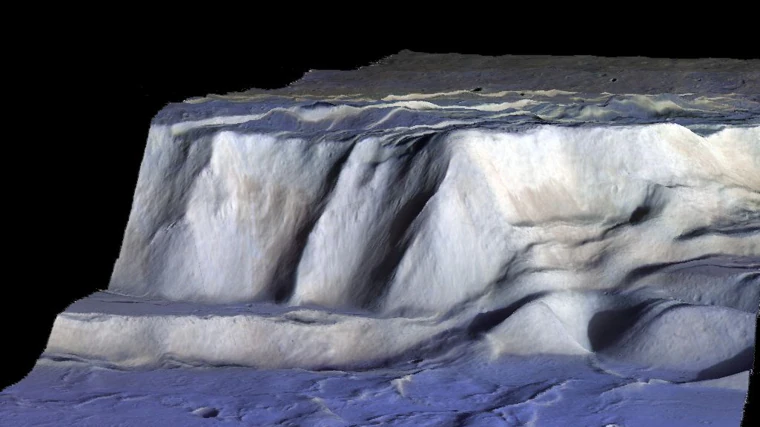 Detalla en 3D de los depósitos de escarcha descubiertos en la caldera del Monte Olimpo